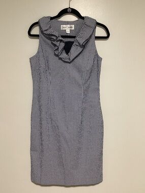 Sara Campbell Dress Size 8 Navy Gingham Ruffle Collar Sheath Dress Sleeveless